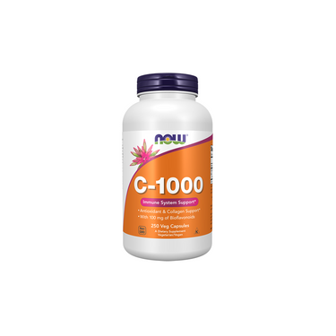 A white bottle of Now Foods Vitamin C-1000 mg with 250 vegetarian capsules features an orange label and includes citrus bioflavonoids for enhanced immune support.